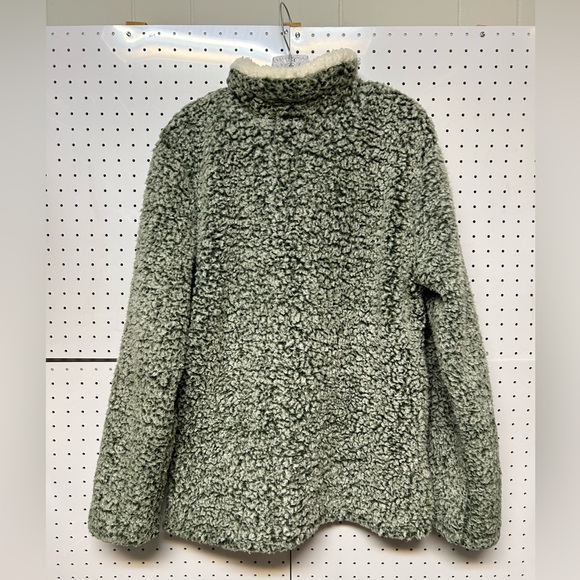 Green Fluffy Sherpa Quarter Zip SZ L - Picture 3 of 3